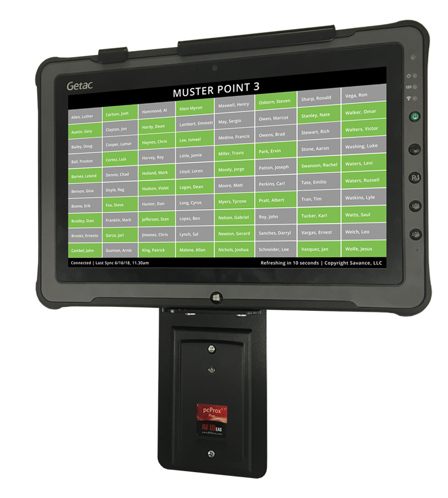 Custom rugged muster tablet with reader and PoE